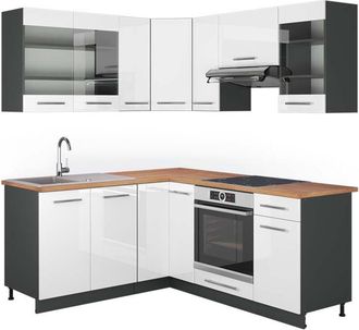 Vicco Cucina angolare completa Fame-Line, Bianco lucido/antracite, 160 x 190 cm, pl Rovere