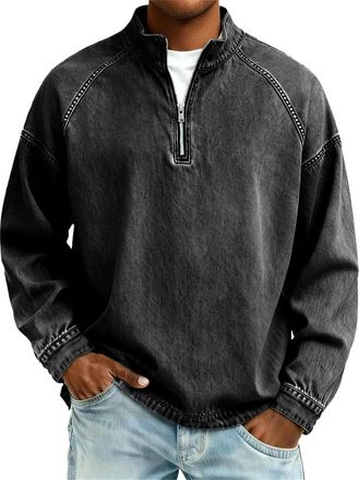 Generic DENGJIAMY Mens Quarter Zip Pullover Fashion Collar Denim Shirt Long Sleeve Classic Casual Jean Tops Winter Tops Plus Size Vintage Sweatshirt (Black, S