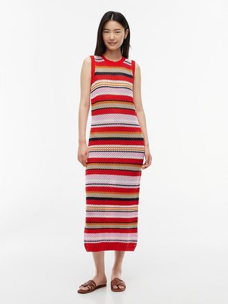 Tommy Hilfiger Womens Sleeveless Striped Crochet Midi Dress - Red - L