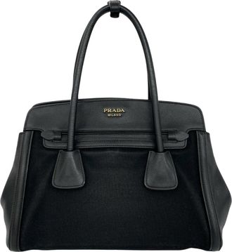 Prada Black Leather Canvas Handbag Shoulder Bag Tote Bag (Pre-Owned)