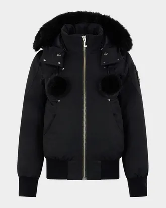 Moose Knuckles Debbie Bomber Jacket with Detachable Hood, Shearling Trim, & Pom Poms