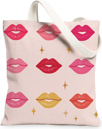 Generic Kiss Pattern Canvas Tote Bags, Stylish Lip Design Reusable Grocery Bags, Summer Fun Chic Lightweight Washable Shoulder Strap Canvas for Gym Outdoor Tr