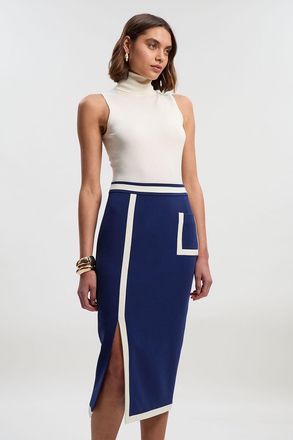 Karen Millen Womens Compact Stretch Tipped Tailored Pencil Skirt - Navy - Size 10 UK