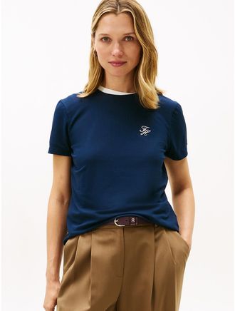 Tommy Hilfiger Womens Script Monogram Stretch-Cotton T-Shirt - Navy - XS