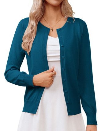 Grace Karin Womens Classic Long Sleeve Knit Cardigan Sweaters Casual Open Front Button Down Cardigans S-3XL, Peacock Blue, L