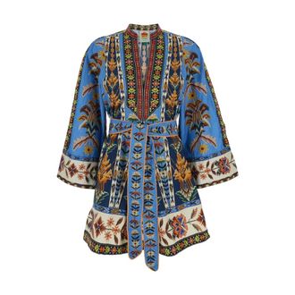 Farm Rio FARM Rio, Kimonos, female, Blue, Size: S Embroidered Tapestry Mini Dress