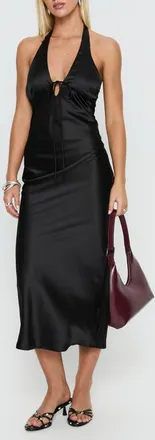 Princess Polly Jessamyn Satin Halter Midi Dress in Black at Nordstrom, Size 10