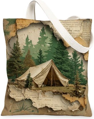 Generic Vintage Rustic Canvas Tote Bags, Tent Forest Artwork Reusable Shopping Bags, Eco-Friendly Lightweight Washable Shoulder Str, Green, 13x15 Inch