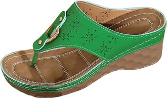 Generic Womens Wedge Sandals Summer with Cut Out Casual Comfortable Flat Sole Slides Breathable Fashion Outdoor Floral Flip Flops for Daily Walking (Green, 5.