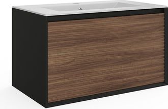 Vente-Unique Mueble de ba&ntilde;o suspendido con lavabo encastrado - Color natural oscuro y negro - 80 cm - BANIVA
