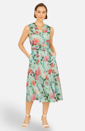 Yumi Floral Print Mesh Stretch Midi Dress in Mint Green at Nordstrom, Size 10