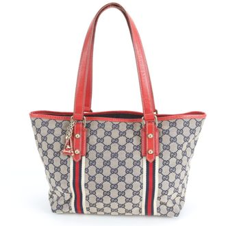 Gucci Beige Red Color Leather Canvas Handbag Tote Bag (Pre-Owned)