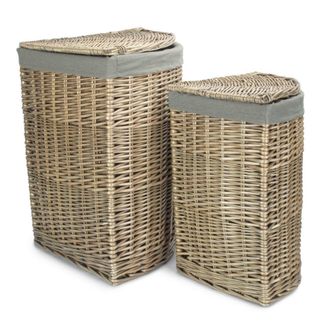 Red Hamper Set of 2 Antique Wash Corner Linen Basket with Grey Sage Lining in Natural