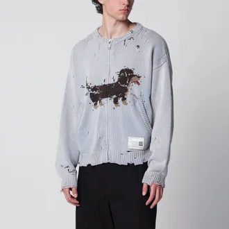 Miharayasuhiro Jacquard cardigan with dachshund in distressed cotton blend