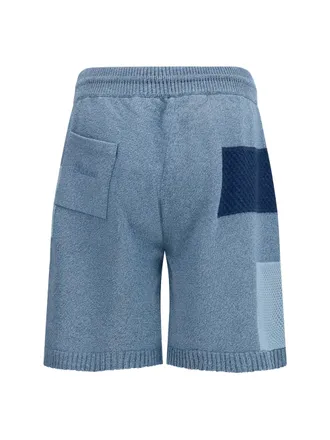 Laneus Patchwork Cotton Knit Bermuda Shorts - Blue