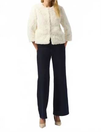 Joseph Ribkoff Embroidered Faux Fur Collarless Jacket In Vanilla