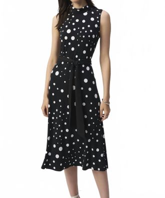 Joseph Ribkoff Polka Dot Belted Midi Dress In Black/vanilla