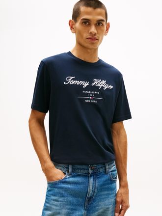 Tommy Hilfiger T-Shirt TOMMY HILFIGER SCRIPT LOGO TEE, Herren, Gr. XXL, blau (desert sky), Single Jersey, Obermaterial: 100% Baumwolle, regular fit h&uuml;ftlang, Rundhal