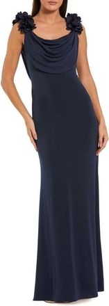 Mac Duggal Jersey Cowl Neck Gown With 3D Flower Straps in Midnight at Nordstrom, Size X-Small