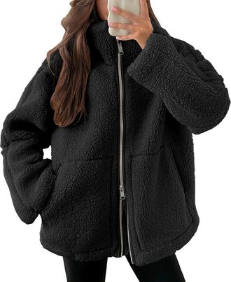 Generic Winter Jackets for Women UK Full Zip Fleece Coats Ladies Fall Drawstring Solid Color Teddy Hooded Cardigan Warm Casual Loose Long Sleeve Fuzzy Sherpa 