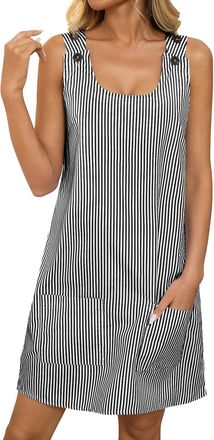 Generic Womens Casual A Line Dresses Flowy Beach Ruched Womens Round Neck Pocket Striped Strap Casual Dress Checked Dress Women (Black, L)