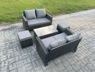 Fimous Wicker Rattan Garden Furniture Sofa Set with Rectangular Coffee Table Double Seat Sofa 2 Small Footstool 6 Seater Outdoor Rattan Set