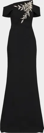 Teri Jon Embellished Botanical Off-the-Shoulder Gown
