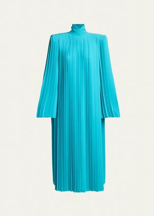 Valentino Garavani Pleated Padded-Shoulder Midi Shift Dress