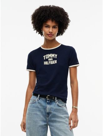 Tommy Hilfiger Womens Slim Fit Varsity Logo Ringer T-Shirt - Dark Blue - XXS