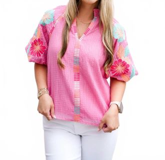 THML Clothing Embroidered Puff Sleeve Textured Top In Pink