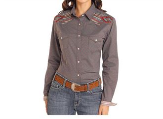 Panhandle Roughstock Long Sleeve Western Snap Shirt In Brown & Blue Print