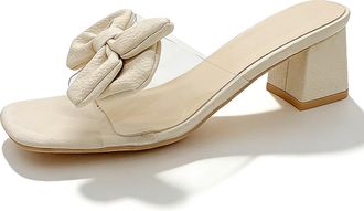 Generic Womens Bow Heels Sandals Clear Low Block Chunky Heel Mules Comfortable Square Toe Wedding Bride Dressy Shoes (White,7.5)