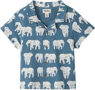 Hatley Kids Elephant Print Knit Cotton Camp Shirt in Bluestone at Nordstrom, Size 18-24M