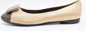 Ferragamo Metallic Gold/black Leather Cap Toe Metal Trim Ballet Flats