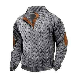 Generic DENGJIAMY Mens Sweatshirt Vintage Shirt Long Sleeve Button Sweatshirts Elbow Patches Tops Stand Collar Knit Print Polo Pullover for Men (Grey, L)