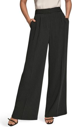 DKNY Pinstripe High Waist Wide Leg Pants in Black/Cream at Nordstrom, Size 14