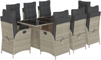 vidaXL Set Comedor De Jard&iacute;n 9 Pzas Cojines Rat&aacute;n Sint&eacute;tico Gris Claro Vidaxl