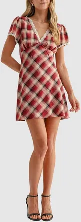 All in Favor Lace Trim Minidress in Red Cream Plaid at Nordstrom, Size Xx-Small