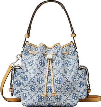 Tory Burch Tory Burch, Bucket Bags, female, Blue, Size: ONE SIZE T Monogram Denim Bucket Bag with Pockets