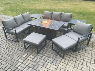 Fimous Aluminium 8 Pieces Garden Furniture Sofa Set with Cushions 9 Seater Gas Fire Pit Dining Table Set with Side Tables