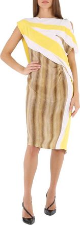 Burberry Bright Straw Graphic-Print Boat Neck Asymmetric Dress, Brand Size 12 (US Size 10)