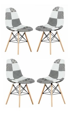 Life Interiors Set of 4 Patchwork Modern Dining Chairs with Wooden Legs & Black Metal Wire Frame
