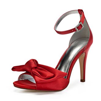 Generic Bridal Shoes Womens Bow Tie High Heels Peep Toe Sandals Sexy Stiletto Wedding Shoes Satin Prom Party Dress Pumps 10.5Cm,red,4 UK