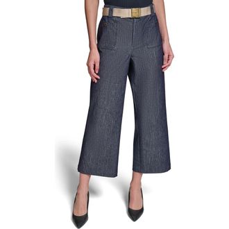 Karl Lagerfeld Belted Pinstripe Crop Denim Pants in Dark Wash at Nordstrom, Size 14