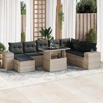 vidaXL Set Muebles Jard&iacute;n 9 Pzas Y Cojines Rat&aacute;n Sint&eacute;tico Gris Claro Vidaxl