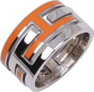 Herm&egrave;s Silver Orange Enamel Silver 925 Band Ring (Pre-Owned)