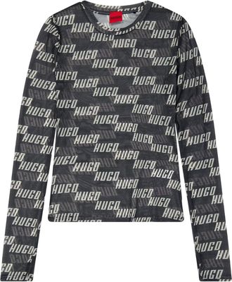 HUGO BOSS Hugo Dames-T-shirt met opdruk, slim fit en lange mouwen (Bruin)