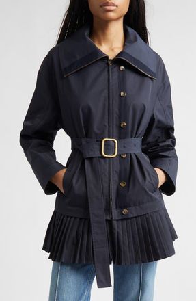Ulla Johnson Lison Belted Jacket with Pleated Hem in Midnight at Nordstrom, Size X-Large