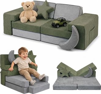 Relaxdays Relaxdays Sof&aacute; Modular Infantil, 10 Piezas Suaves, Microfibra Efecto Ante, Gris-verde (al X An X Fon) 45 X 140 X 65 Cm