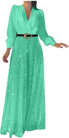 Generic 2025 Womens Jumpsuit Glitter Elegant Long Sleeve V-Neck Long Jumpsuit Sequin Splicing Wide Leg Jumpsuit Belted High Waisted Wide Leg Trouser Suit Even